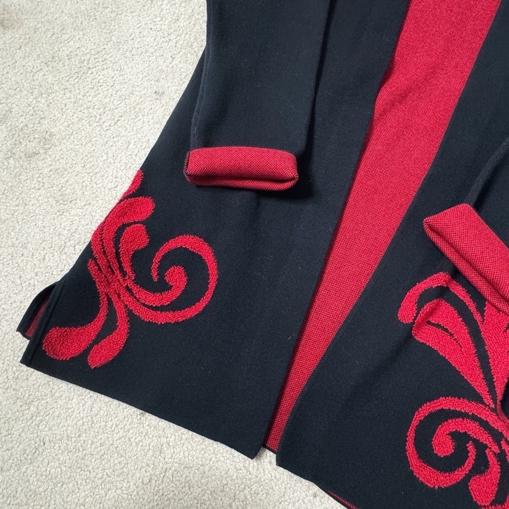 NWT Chicos Cardigan Open Front Longer Length Black Red Textured Scroll Pattern 2 - Picture 12 of 16